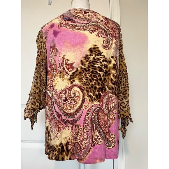 Bila Woman Top Paisley Leopard Print Sz 1X Beaded Sheer Split Sleeves Boho NWOT - Picture 2 of 7